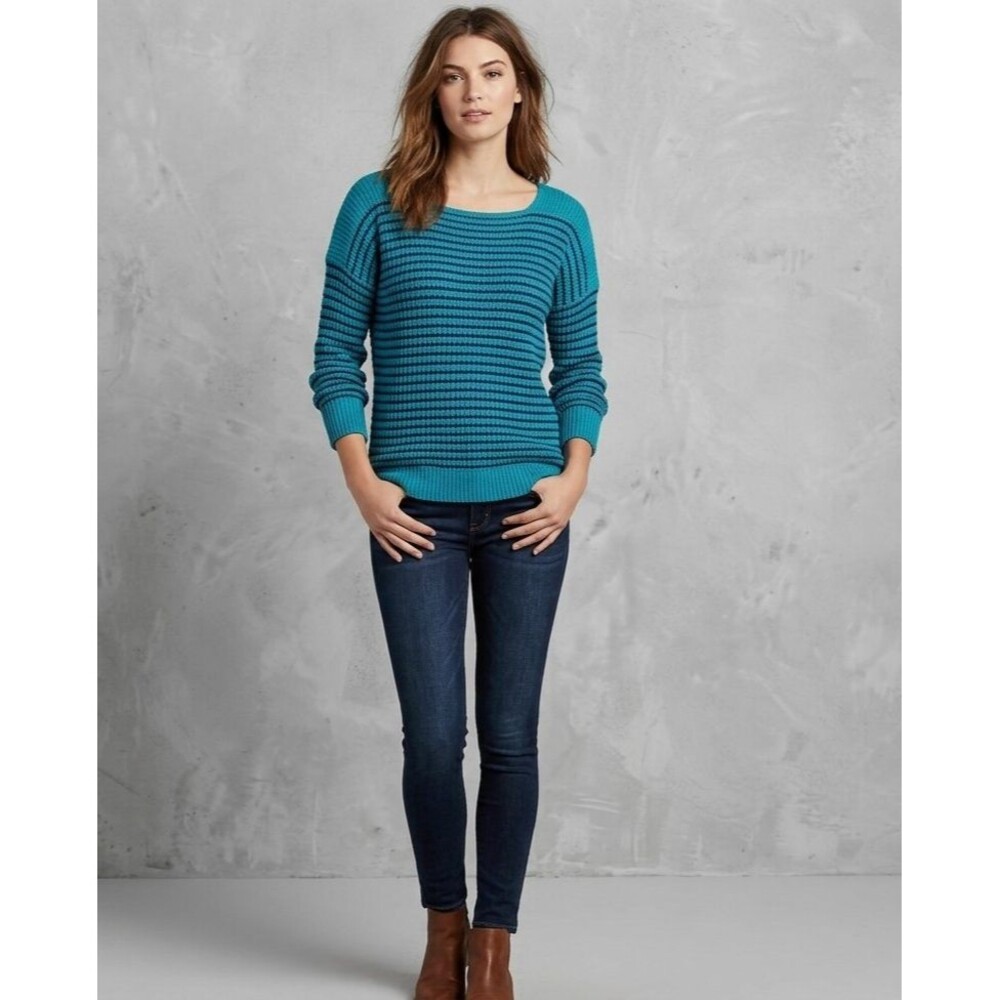 a.n.a  A New Approach Sweater Women's Medium Pettie Teal Blue Striped Purl Knit